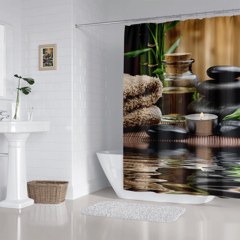 ZXMBF Zen Spa Shower Curtain Basalt Stones Herbal Oil Scent Candles Bamboo and Water Reflection Relaxing Meditation Home DÃ©cor Waterproof Fabric 72x72 Inch Plastic Hooks 12PCS - Image 5